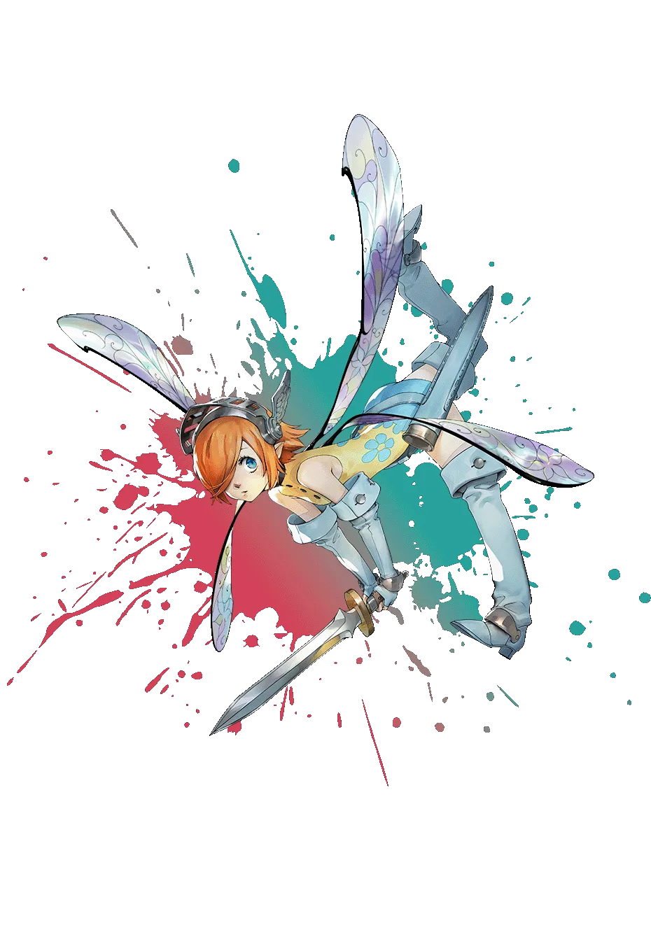 Gallica from the game Metaphor ReFantazio, with orange hair and a yellow dress with blue flowers, looks to the side. She is wearing a silver headband and has pointed ears.