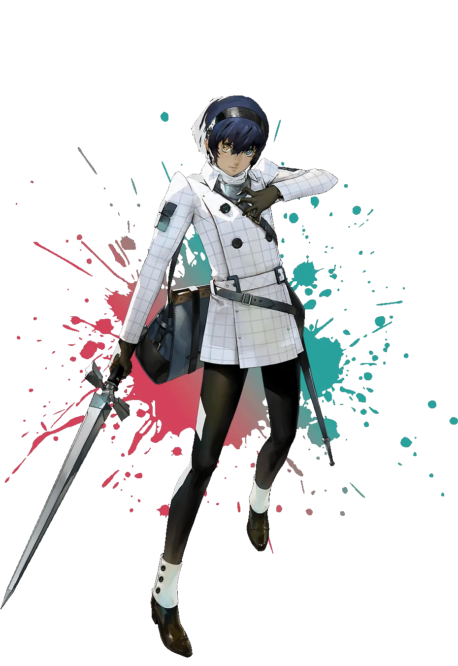 The protagonist character from the game Metaphor ReFantazio, stands in a dynamic pose, holding a sword. The character wears a white coat with black accents and black tights. They have blue hair and yellow eyes.